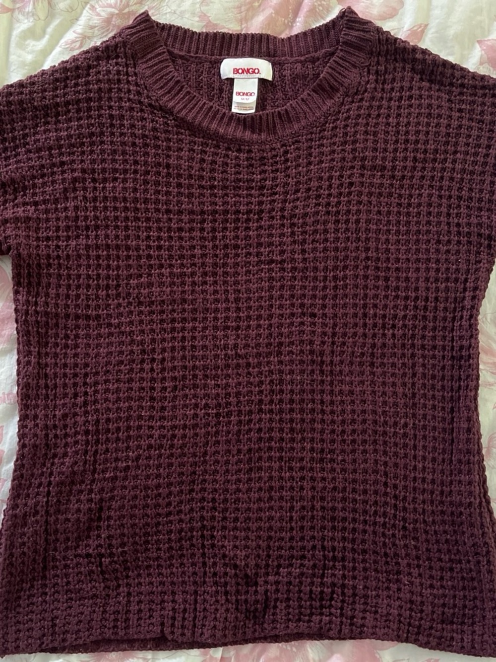 BONGO Women's Deep Wine/Burgundy Waffle Knit Crew Sweater